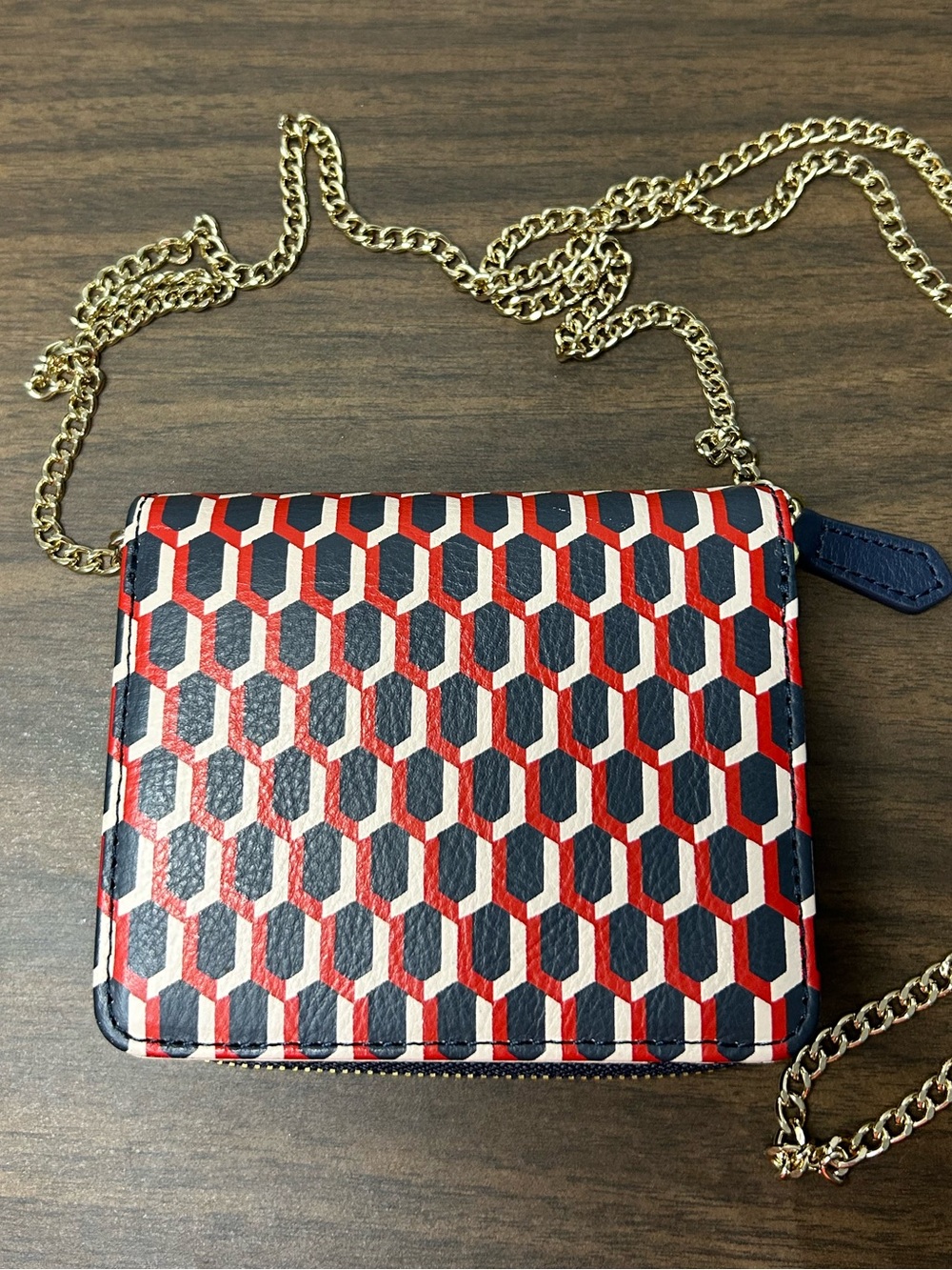 Mark and Graham Women's Geometric Navy Red Cream Leather Wallet Clutch Chain